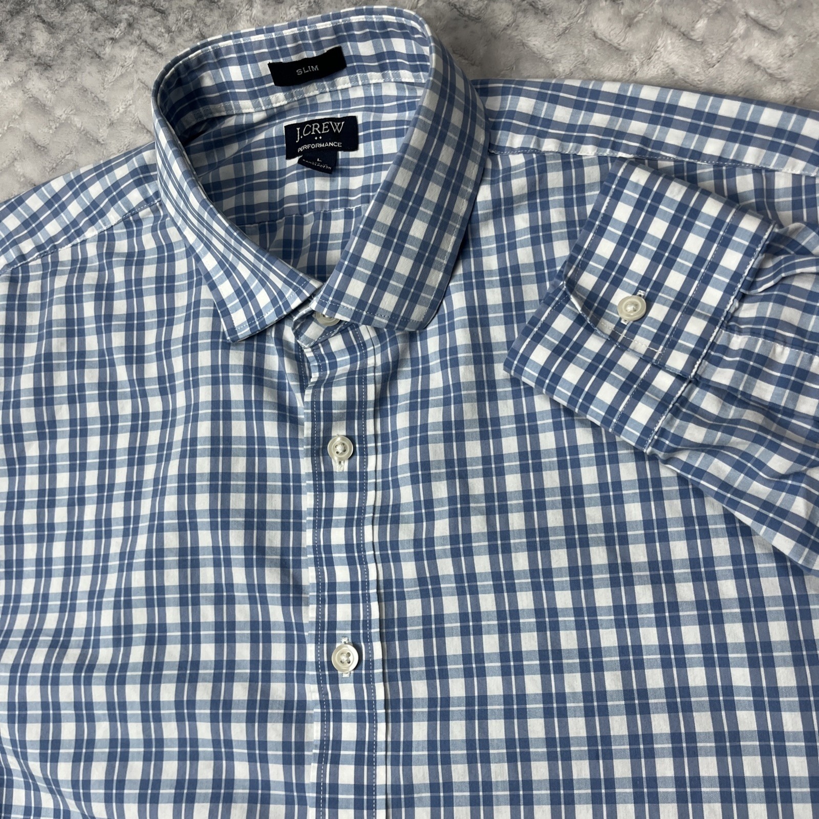 J. Crew Performance Slim Button Down Shirt Mens Large Blue Plaid Check